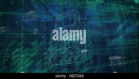 Showing stylized circuit-board padlock icon floating in digital interface, with green code streams Stock Photo