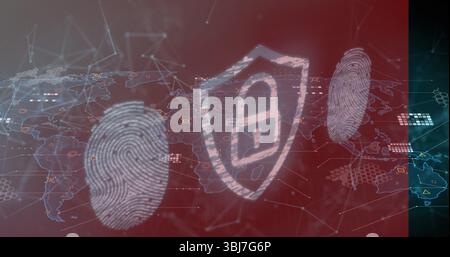 Displaying shield icon with padlock overlaying network map, with fingerprint scans Stock Photo