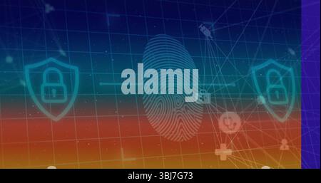 Connecting central fingerprint icon securing virtual grid environment, with shield padlock theme Stock Photo