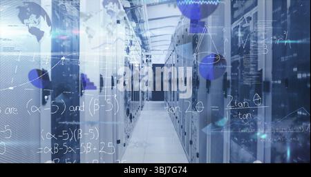 Extending central aisle flanked by server racks in server room, with floating holographic overlays Stock Photo