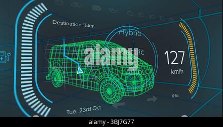 Displaying neon-green wireframe van model on virtual grid, with speed readout, drive mode labels Stock Photo
