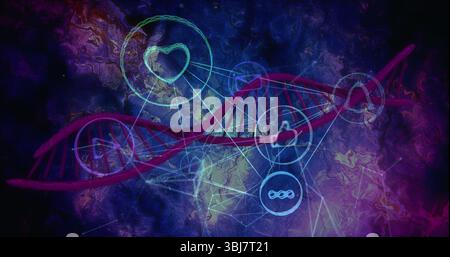 Displaying red double-helix DNA strand spinning in data interface, with heart-link icons floating Stock Photo