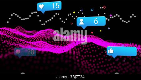 Flowing magenta data wave across void, with blue notification bubbles, particles and dotted grid Stock Photo