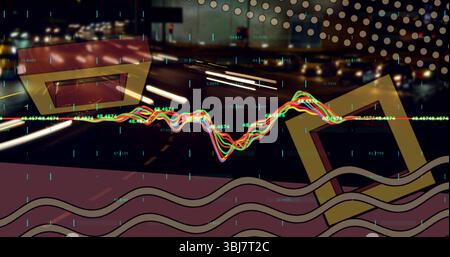 Displaying neon line graph undulating over dark road, showing numeric labels, 3D shapes, wavy bands Stock Photo