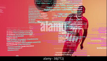 Leaning African American man projecting code snippets in gradient-lit studio, copy space Stock Photo