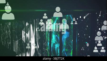 Displaying large white user avatar floating in cyberspace, with network lines and data points Stock Photo