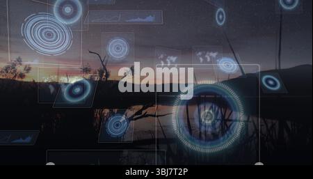 Displaying holographic visuals glowing over lakeshore at dusk, with circular graphs and data charts Stock Photo