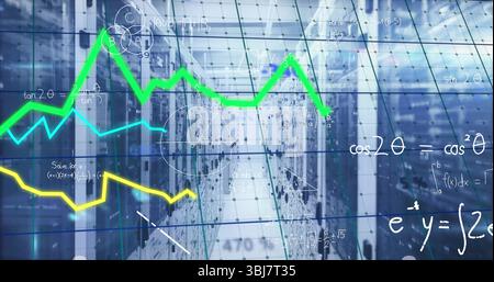 Lining server cabinets stretching corridor at data center, with line graph overlays and gridlines Stock Photo