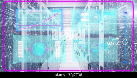 Displaying holographic data panels in aisle between server racks, showing charts maps and formulas Stock Photo