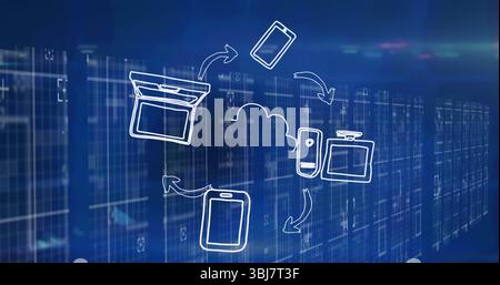 Showing circular cloud and device icons linking by arrows over server racks, data visualization Stock Photo