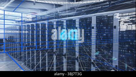 Displaying central network visualization over server racks in data center aisle, with blue 4G icon Stock Photo