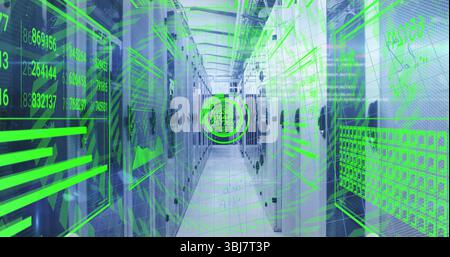 Displaying central corridor in data center with server racks, cable trays and digital interface Stock Photo