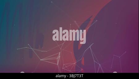 Depicting white wireframe linking small nodes in digital gradient, featuring curved purple ribbon Stock Photo