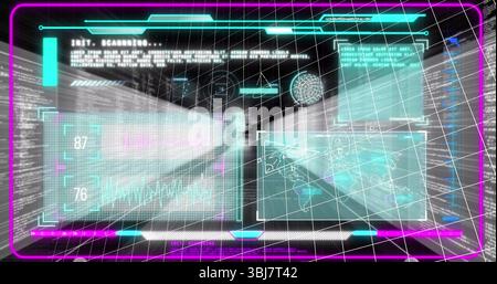 Glowing holographic panel displaying data panels and wireframe sphere in AR environment Stock Photo