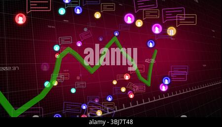 Showing analytics dashboard displaying wavy green zigzag graph with neon avatars and speech icons Stock Photo