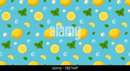 Seamless summer pattern with whole lemons, slices, mint, ice cubes and sugar. Cartoon vector background.  Stock Vector