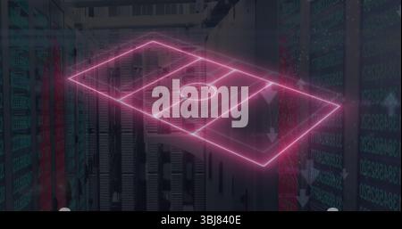 Glowing pink holographic soccer pitch hovering in server room aisle, with racks and binary code Stock Photo