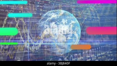 Displaying globe overlaying market data on trading interface, with candlestick charts and tickers Stock Photo