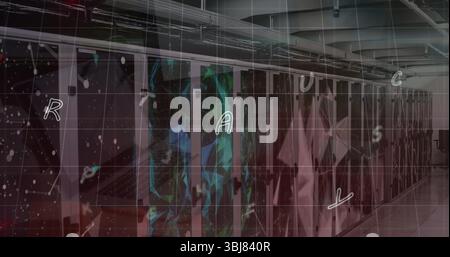 Server racks displaying data flow in data center aisle, with network cables and overlay graphics Stock Photo