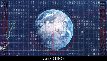Displaying 3D Earth globe rotating on data interface, with binary code, red reticle, side UI panels Stock Photo
