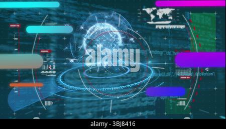 Wireframe globe rotating in control panel, with holographic rings and floating colored bars Stock Photo