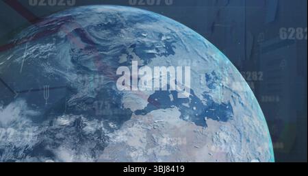 Displaying Earth globe showing Europe and northern Africa in space, with code overlays and padlocks Stock Photo