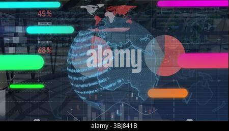 Displaying digital globe scrolling code text at control hub with color bars, percentages and graphs Stock Photo