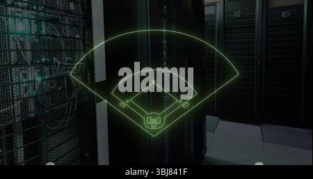Holographic baseball diamond glowing neon-green in server corridor, revealing network cable bundles Stock Photo
