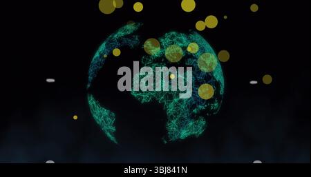 Floating wireframe globe hovering in dark virtual space, with yellow translucent data points Stock Photo