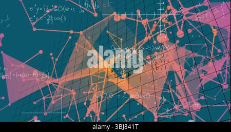 Displaying wireframe grid with neon nodes, connecting lines and math equations in digital space Stock Photo