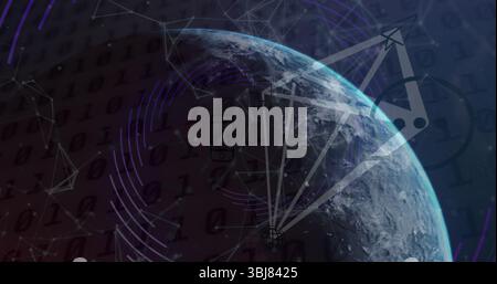 Displaying partial Earth globe floating in outer space, with binary digit overlay and network nodes Stock Photo