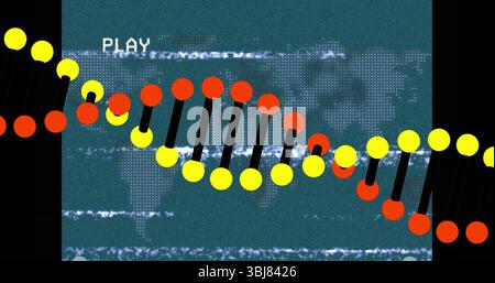 Displaying stylized DNA helix undulating across teal world map, with glitch lines and PLAY text Stock Photo