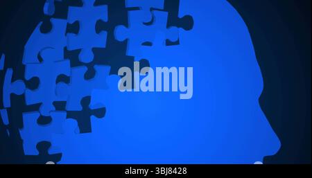 Depicting bright blue head silhouette losing puzzle pieces in navy gradient, with floating pieces Stock Photo