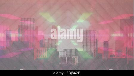 Displaying skyline glitching in cityscape, with neon arrows, light streaks and grid scanlines Stock Photo