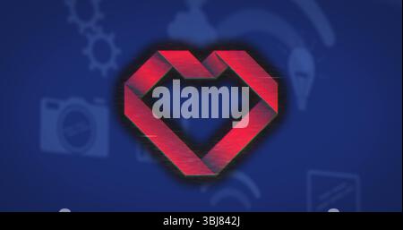 Displaying red heart emblem floating on blue canvas, with gear camera bulb wireless signal icons Stock Photo