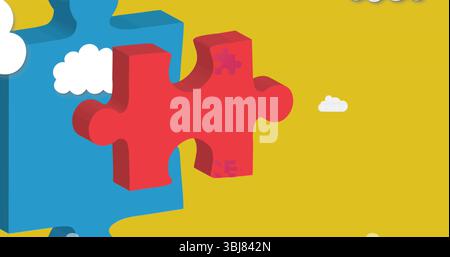 Displaying red jigsaw piece overlapping blue piece on mustard background, with white clouds Stock Photo