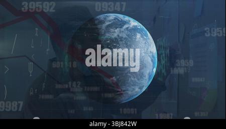Rotating 3D Earth globe floating in virtual dashboard, numeric overlays, chart lines, code symbols Stock Photo