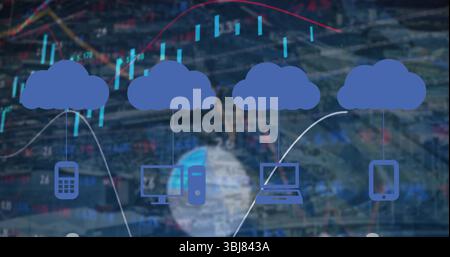 Connecting four blue cloud icons to smartphone, desktop computer, laptop, tablet in digital graphic Stock Photo