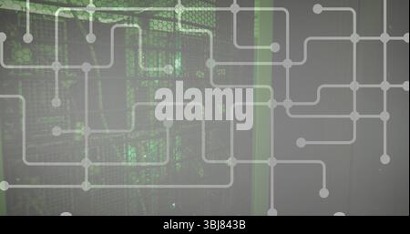 Displaying light gray circuit network overlay moving over mesh panel grid, with green LED nodes Stock Photo