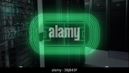 Displaying neon green holographic stadium hovering in server room, with server racks cables lights Stock Photo
