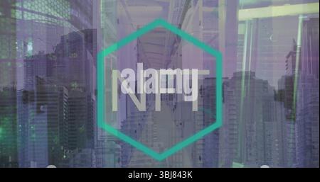 Displaying teal hexagon enclosing NFT text in corridor and skyline blend, with code patterns Stock Photo