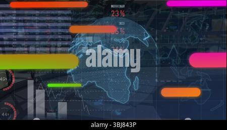 Hovering 3D holographic globe over control desk, with progress bars and percentage indicators Stock Photo