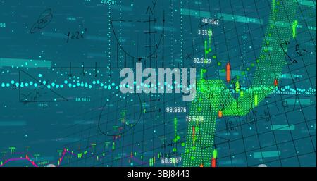 Displaying rising candlestick chart and dotted arrow plot climbing in digital grid with labels Stock Photo