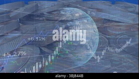 Rotating semi-transparent Earth globe hovering in finance art, with coin piles, candlestick charts Stock Photo