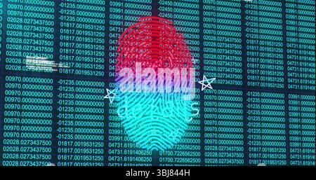 Presenting stylized fingerprint graphic on screen over data grid with white arrows showing security Stock Photo