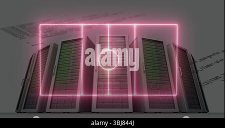 Showing five black server racks glowing with green-lit drives and neon pink overlay in data center Stock Photo