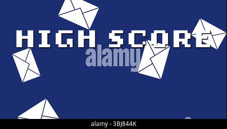 Displaying pixel-art text HIGH SCORE on dark blue backdrop, with scattered white envelope icons Stock Photo