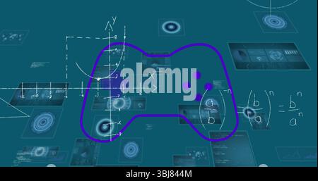 Displaying purple controller outline glowing in digital workspace, with Cartesian axes and parabola Stock Photo