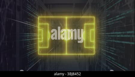 Projecting neon holographic soccer pitch floating in server corridor, with racks streaming code Stock Photo