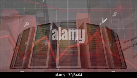Displaying six server cabinets in data center, with LED indicators, grid, red chart and letters Stock Photo